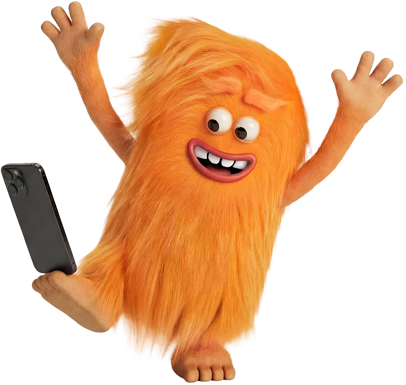 blije oranje buddie die een telefoon op zijn teen balanceerd