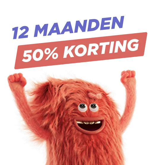 Blij knuffelbeestje naast tekst: Nu op alle 2-jarige Sim Only 12 maanden 50% korting